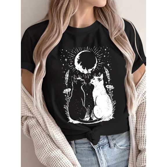 Women’s Graphic Short Sleeve T‑Shirt, Boho Moon Cat Floral Print Crew Neck Casual Soft Tee for Daily Holiday Wear