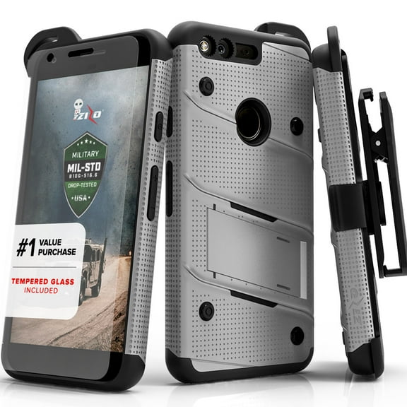 ZIZO BOLT Series Google Pixel XL w/ [Screen Protector] Kickstand [12 ft. Military Grade Drop Tested] Holster Clip (Gray/Black)