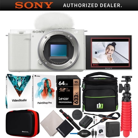 Sony ZV-E10 Mirrorless Alpha APS-C Interchangeable Lens Vlog Camera Body ILCZV-E10/W White Bundle with Deco Gear Photography Case + Photo Video Software + Compact Tripod| Official Sony USA Dealer