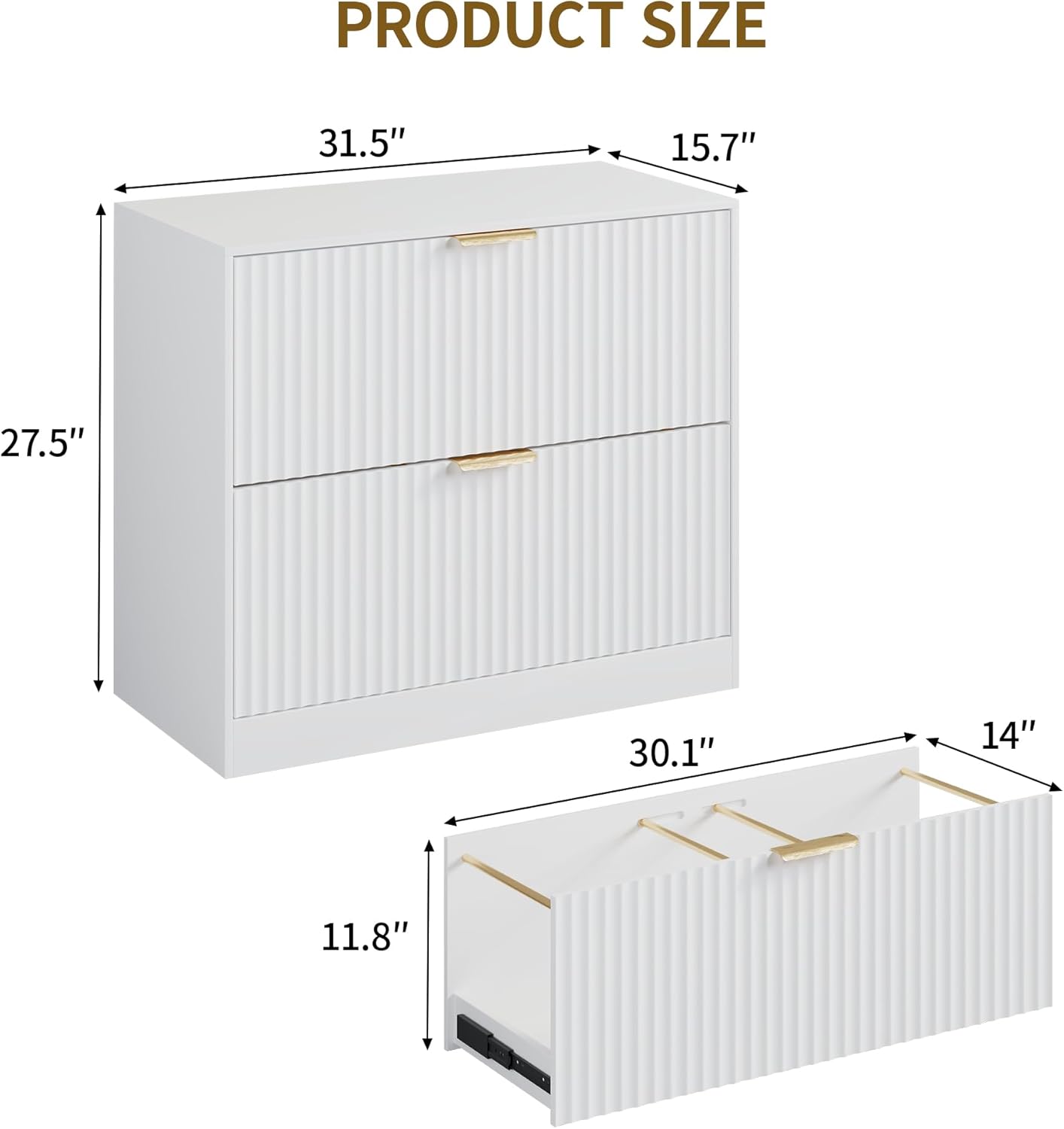 Pusnapku 2 Drawers File Cabinet, Modern 31" Printer Stand, Fluted Home Office Filing Cabinet with Adjustable Hanging Rails, for Legal/Letter/A4 Size