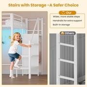 Twin Size Loft Bed with Stairs, 8 Storage Drawers, Power Outlet, LED Light, Metal Loft Bed with Wardrobe,Storage Stairs, Large Under-Bed Space, 13 Safety Guardrail,White