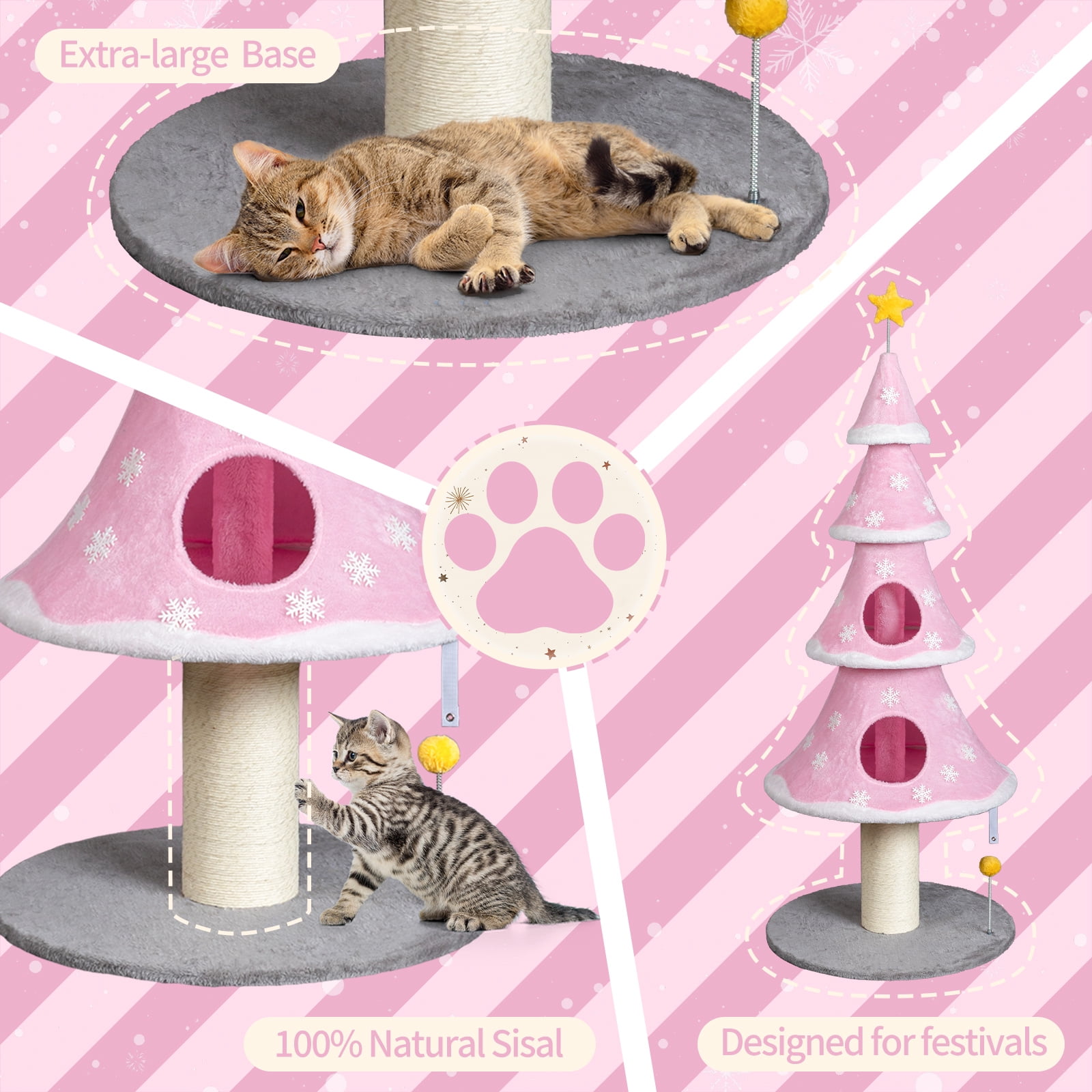 ZephyPaws 60 inch Christmas Cat Tree,Cute Cat Tower with 2 Condos,Sisal Scratching Posts,Spring Toy,Holiday Cat Tree Tower for Indoor Cats,Pink