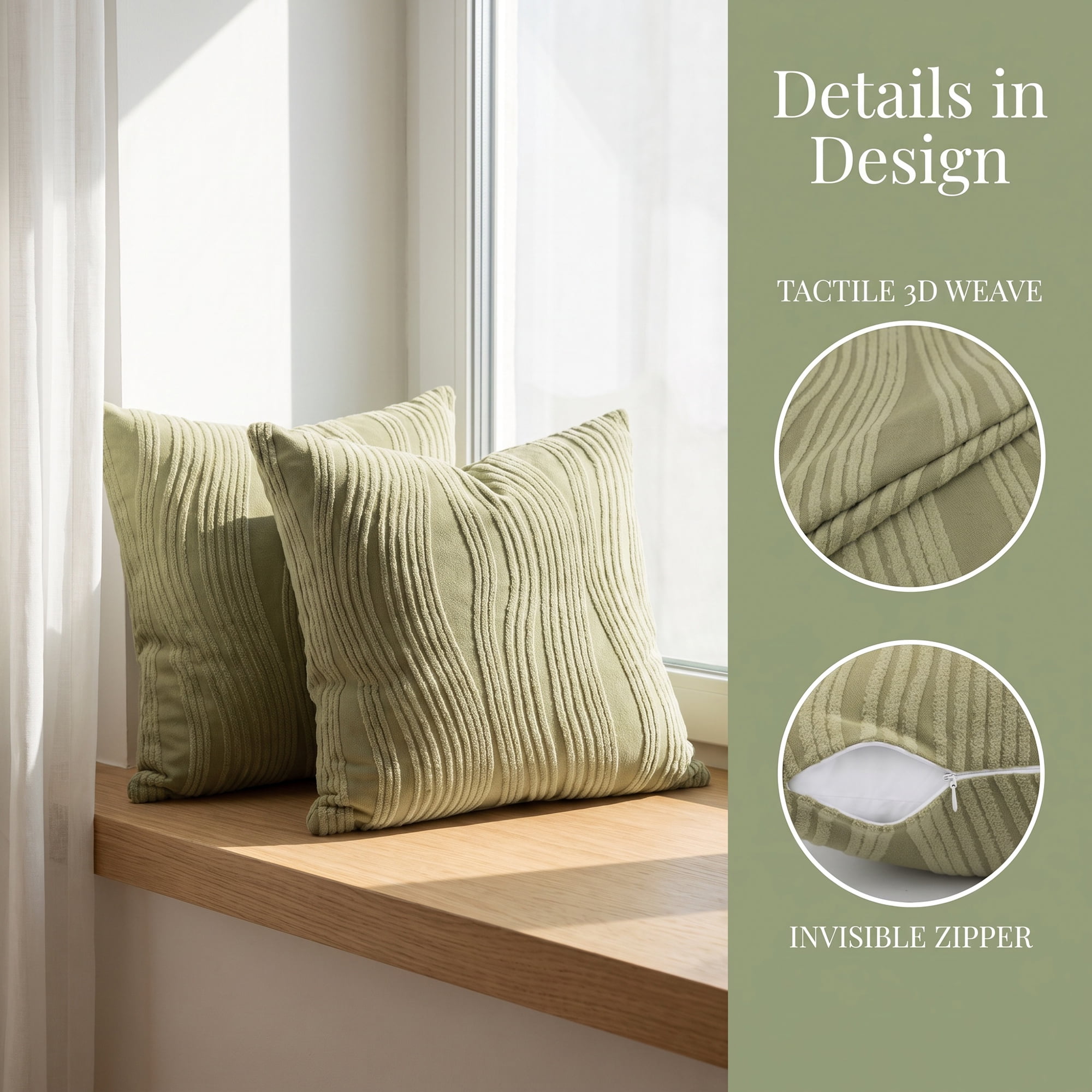 Unique Bargains 2Pcs Wave Textured Throw Pillow Cover Jacquard Cushion Cases Green 18"x18"