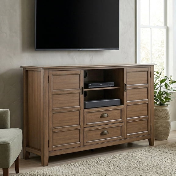 Simpli Home Burlington 54 inch Wide Solid Wood Tall TV Stand in Rustic Natural Aged Brown For TVs up to 60 inches
