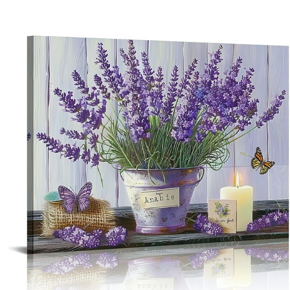 ONETECH Lavender Canvas Wall Art Country Lavender Flower Butterfly Candle Wall Decor Purple Floral Farmhouse Pictures Painting Prints Framed Artwork Decor for Bathroom Bedroom 20x16in