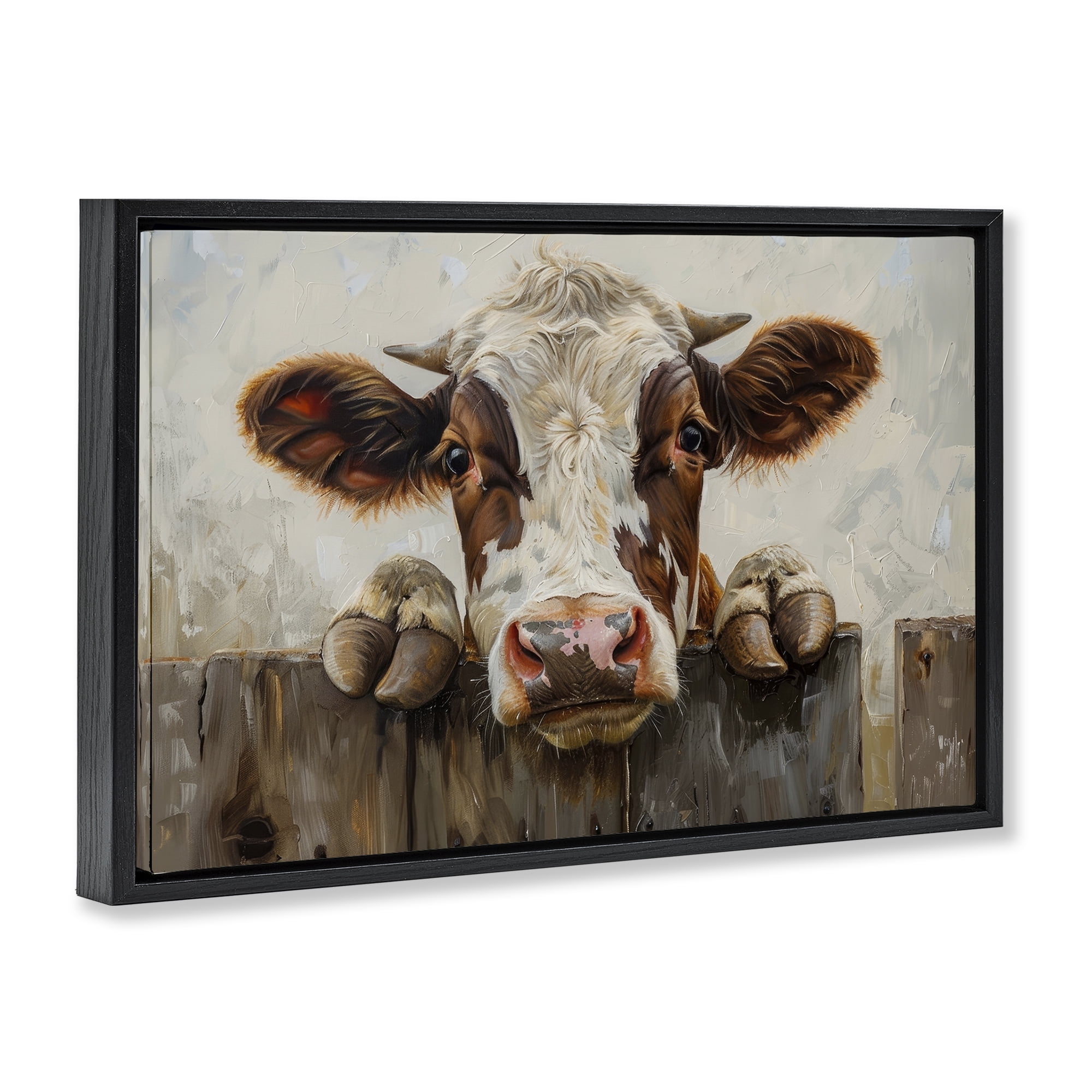 Stupell Industries Cow On Fence Animals & Insects Painting Black Floater Framed Canvas Art Print Wall Art, 25 x 17