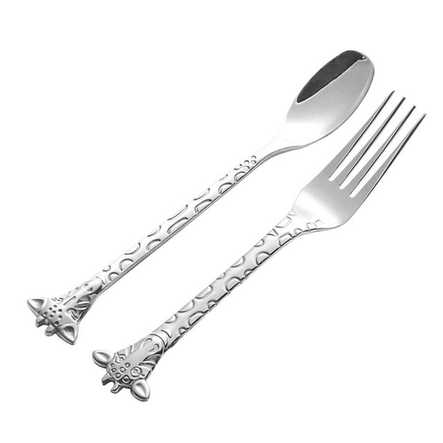 2pcs Dessert Spoon and Fork Set Stainless Steel Mixing Spoon Cartoon Cake Forks for Home Restaurant (Silver)