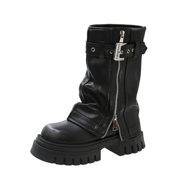 Zapatos con hebilla de cinturón para mujer, botas modernas con cremallera lateral, punta redonda de alta calidad, a la moda, 2023