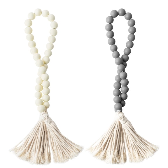 2ooya Wooden Bead Garland with Tassel for Tiered Tray Wreath, 2Pcs Vintage Beads Hanging Ornament for Home Party Decoration (White & Grey)
