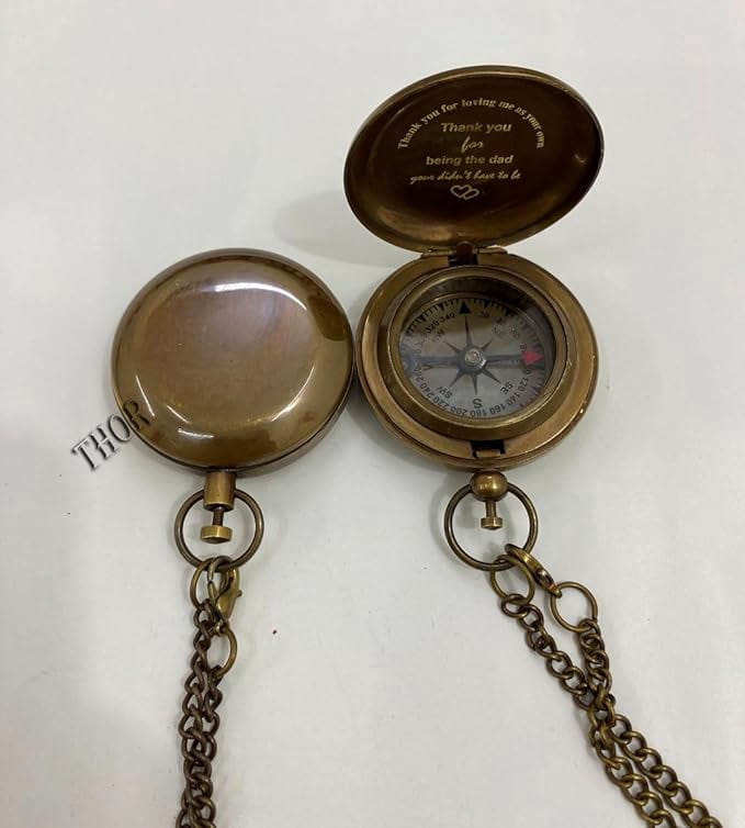 Antique Brass Compass Pocket Compass 2" Engraved Compass Push Botton (Thank You beaing The Dad) So Camping Compass Boating Compass Wedding Gift Brown Antique Pocket Size