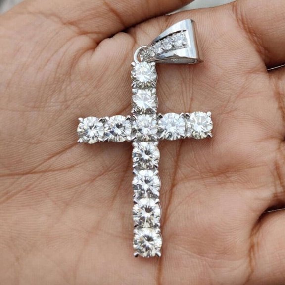 Real 3.30 Ct Round Cut Simulated Diamond Cross Pendant In 14K White Gold Plated