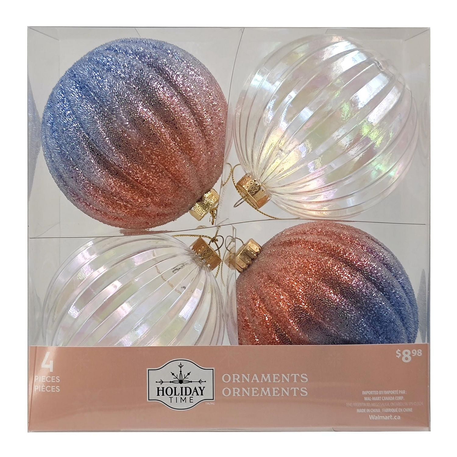 Holiday Time 4Pieces Decoration Balls Plastic Christmas Ornaments Rainbow&Iridencent, 4Pieces Assorted 100mm