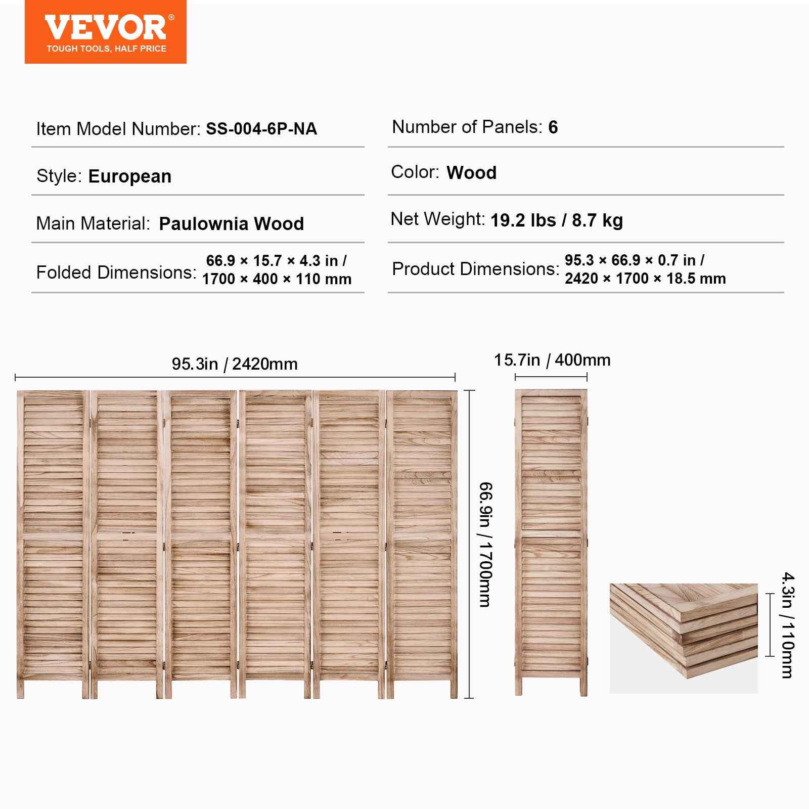 VEVOR Wood Room Divider, 6 Panel Wood Folding Privacy Screen, 66.9 Inches&nbsp;Tall Indoor Louvered Partition Divider,Portable Decoration Screen,for Room Separation,&nbsp;Office