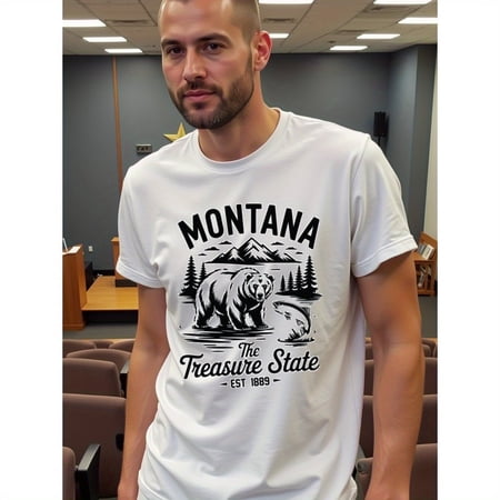 natee Montana the Treasure State T-shirt - Grizzly Bear & Mountains Design, Men's T-Shirt,100% Cotton Fabric,Crew Neck,Short Sleeve,Regular Fit,All-Season Casual Wear,180gs