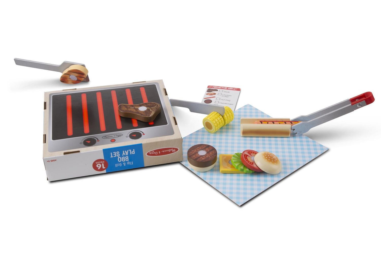 Melissa & Doug Flip And Grill BBQ Play Set Pretend Play Wooden Play Food and Accessories (16 Pieces)