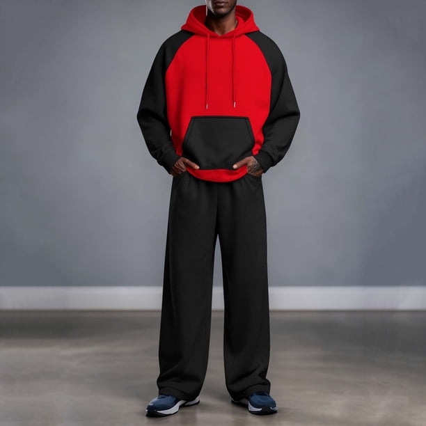 Ceisia Men's Loose Fit Raglan Sleeve Hoodie Set Color Block Pullover with Elastic Waist Wide Leg Pants Gifts