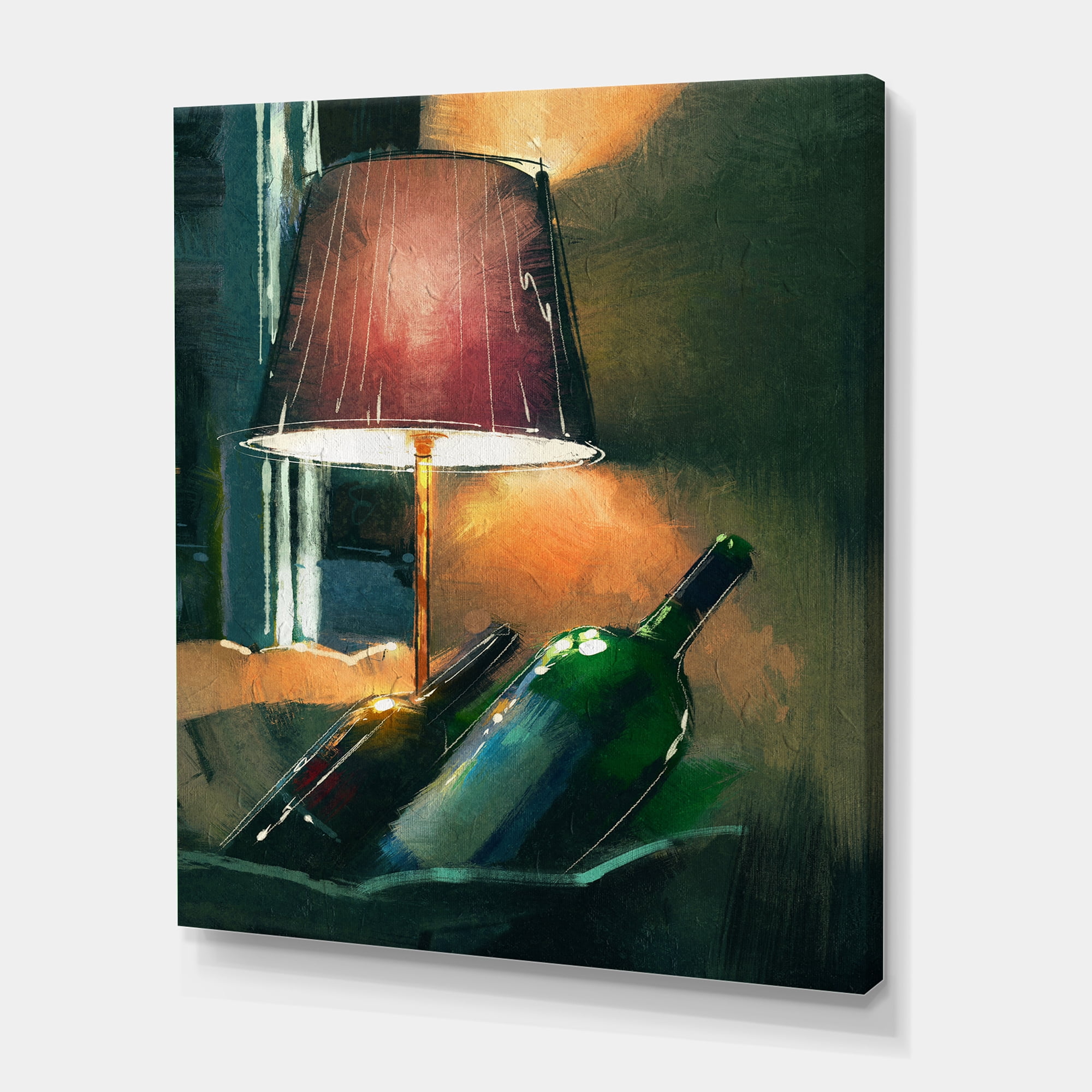 Designart ' Lamp Glowing Orange In The Night and Wine Bottles ' Modern Canvas Wall Art Print