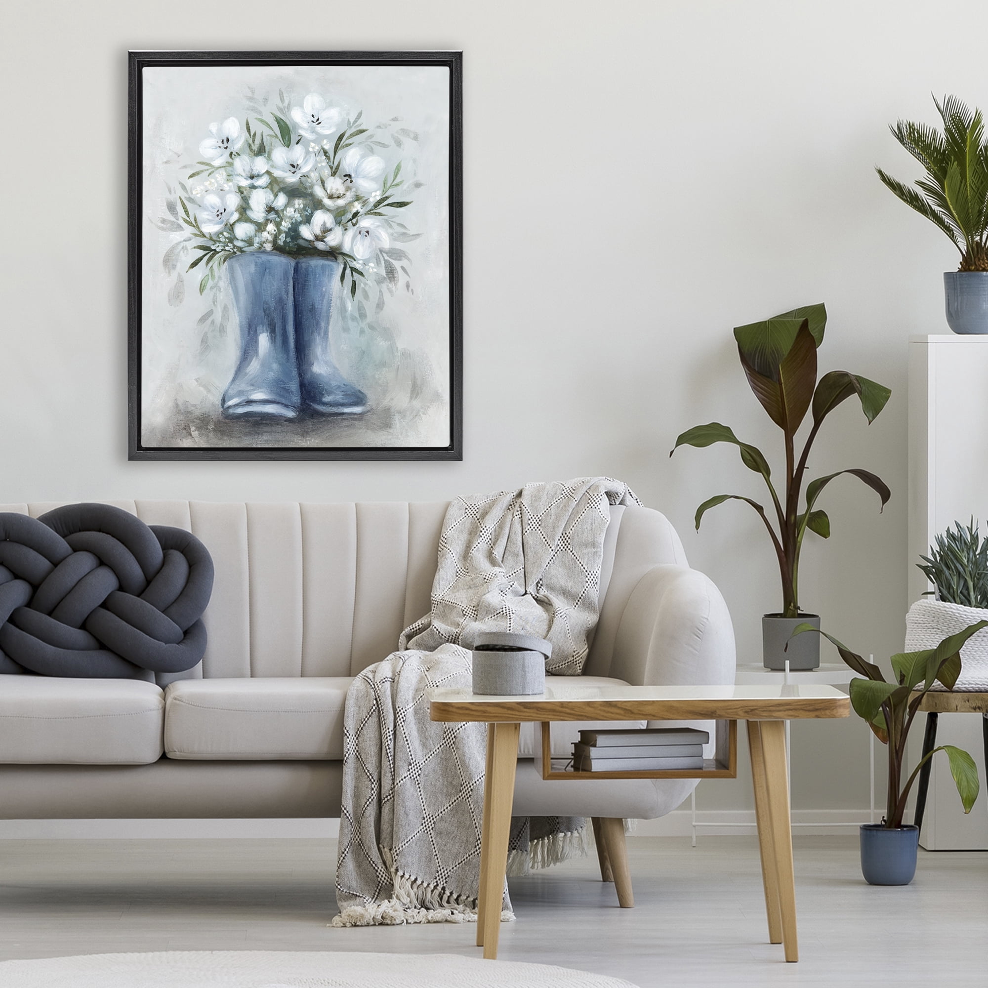 Stupell Industries Botanical Bouquet in Blue Boots Black Framed Floater Canvas Wall Art, design by Kristen Brockmon