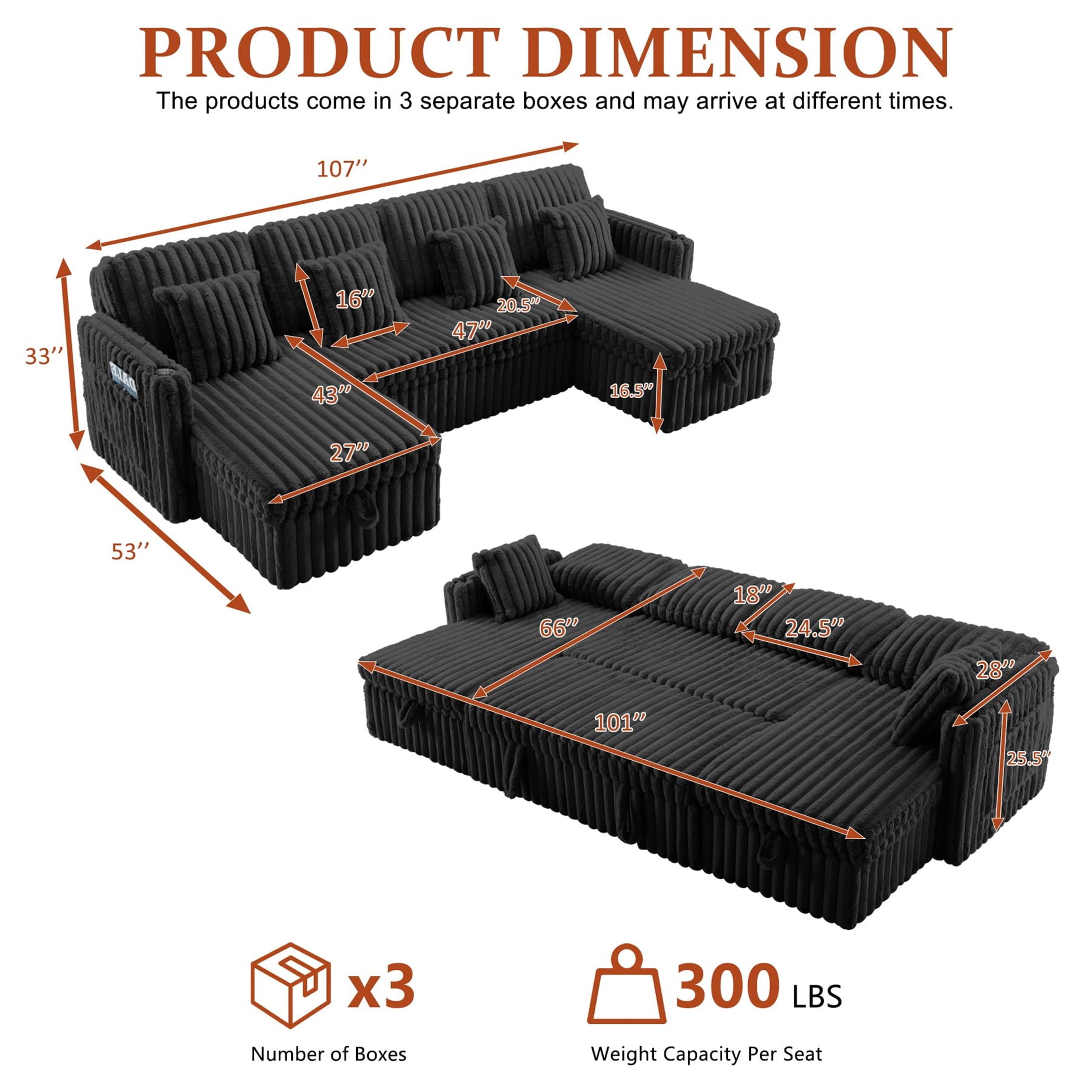 Aukfa 107" U shape Sectional Convertible Sleeper Sofa Bed with USB &Cup Holder, Storage Chaise for Living Room, Corduroy, Black