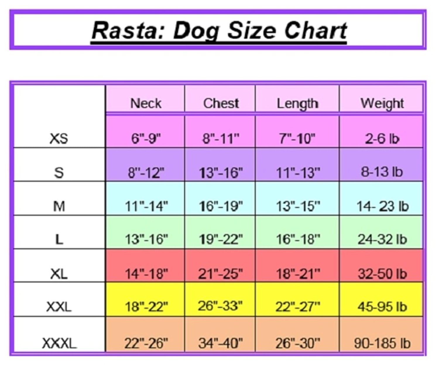 Rasta Imposta Dog Size Chart