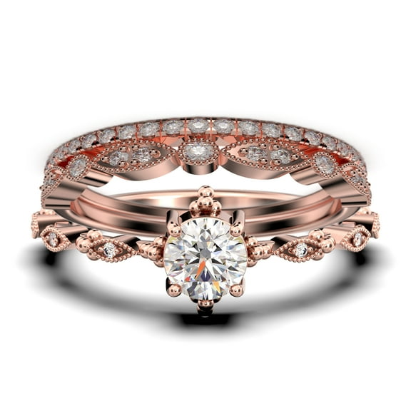 Antique Dazzling Boho & hippie 2.25 Carat Round Cut Diamond Moissanite Unique Engagement Ring, Wedding Ring in10k Solid Rose Gold, Affordable Gift For Woman, Trio Set, Matching Band