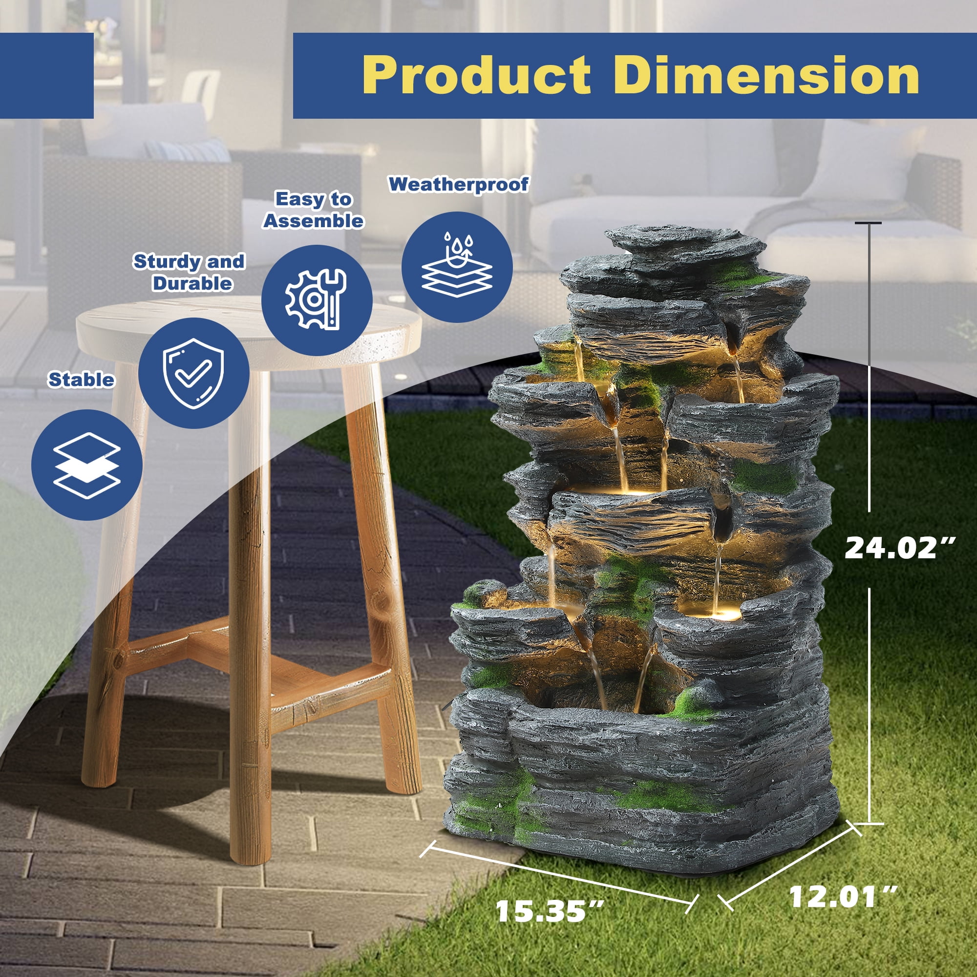 Haverchair 7 Tier Cascading Rock Outdoor Water Fountain, Garden Freestanding Rockery Natural Waterfall Fountains Outdoor with LED Light, Soothing Tranquility Fountains for Home Garden Yard, 24"H