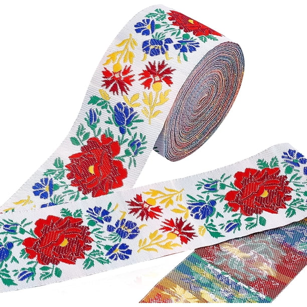 Cinta jacquard de 5 cm (2 pulgadas), 9 m (10 yardas), cinta floral tejida vintage, flecos, cinta mexicana bordada