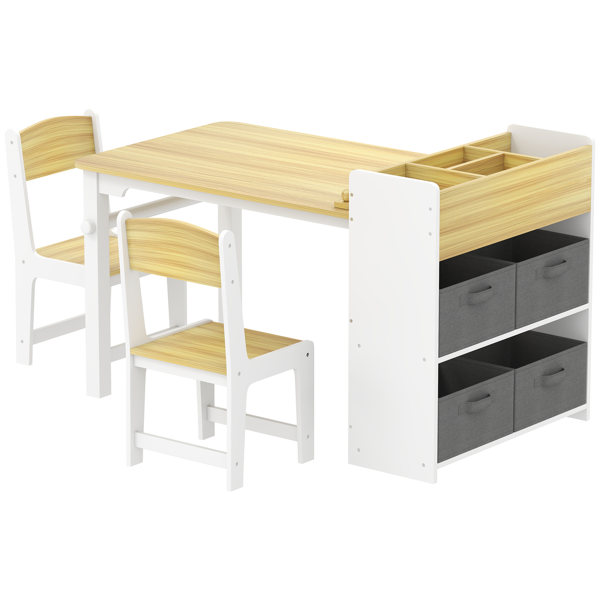 Kids Activity Table Set with 2 Chairs, Paper Roll, 4 Fabric Drawers & Storage Shelves, MDF/Pine Wood, 3-8 Years