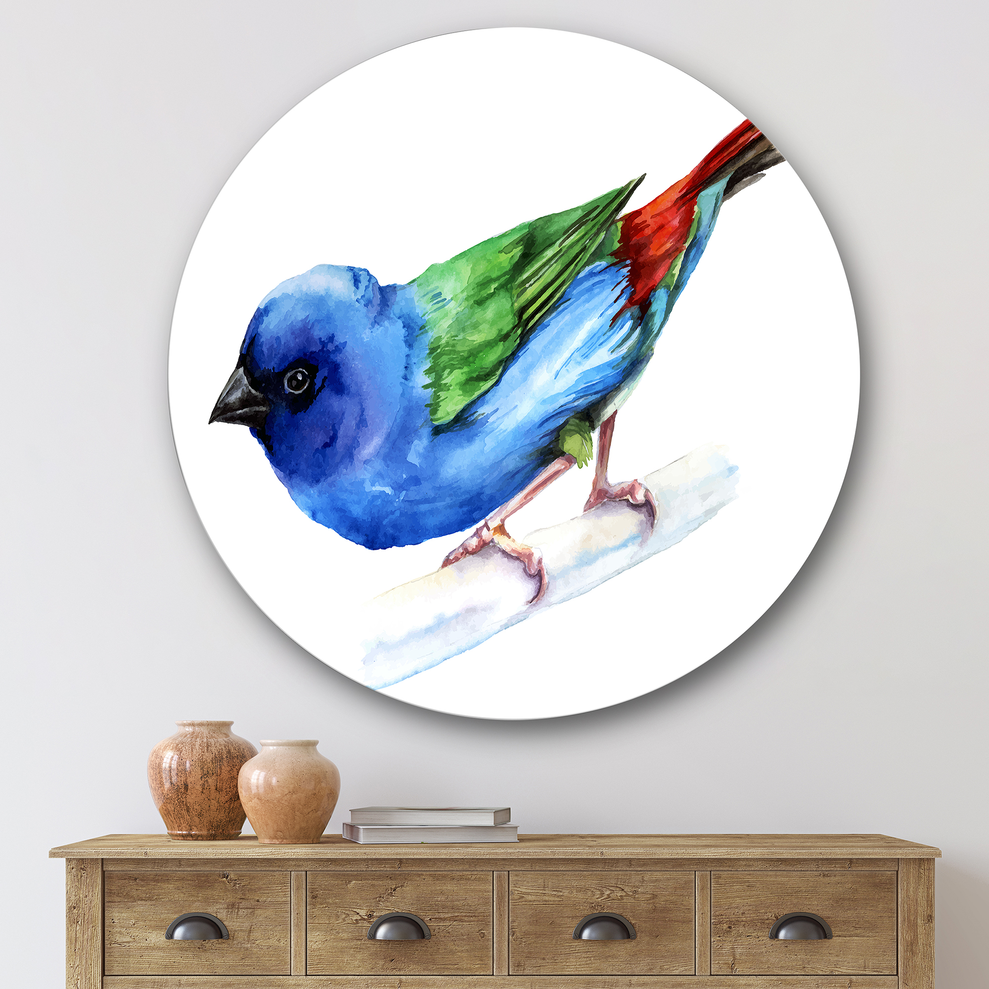 Designart 'Forbes Finch Bird On Branch' Traditional Circle Metal Wall Art 36x36 - Disc of 36