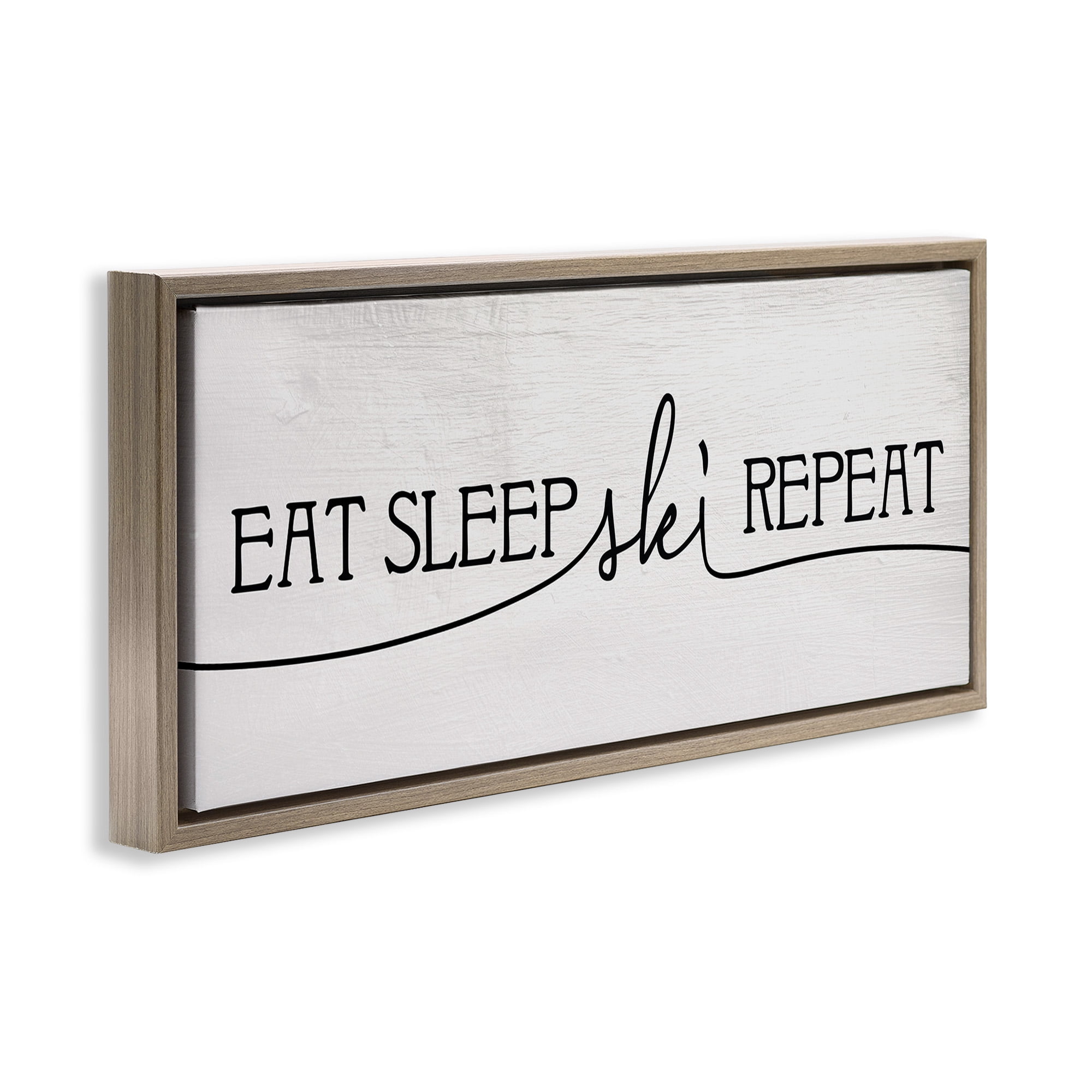 Stupell Industries Eat Sleep Ski Repeat Phrase Typography Painting Brown Floater Framed Canvas Art Print Wall Art, 25 x 11