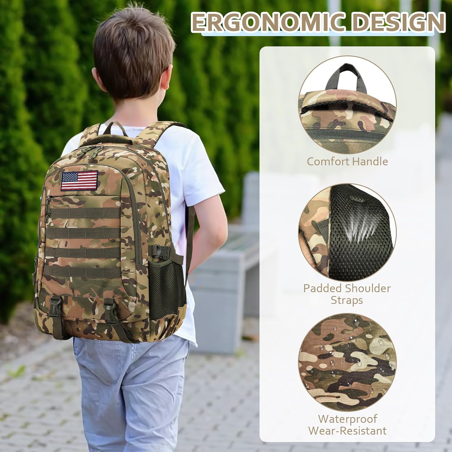 Camo Backpack 3 in 1 Set with Lunch Box & Pencil Case for Boys, 19 Inch School Bookbag for Kids Teens Elementary Middle High School, Lightweight Durable Bag for Outdoor Camping Trave
