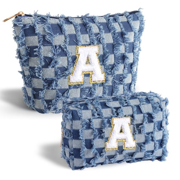 YOOLIFE Checkered Makeup Bag Initial Cosmetic Bags for Women, Small Travel Toiletry Bag Travel Makeup Bag Skincare Bag, Denim Blue Make up Bag for Women Her Mom Wife Girlfriend Sister
