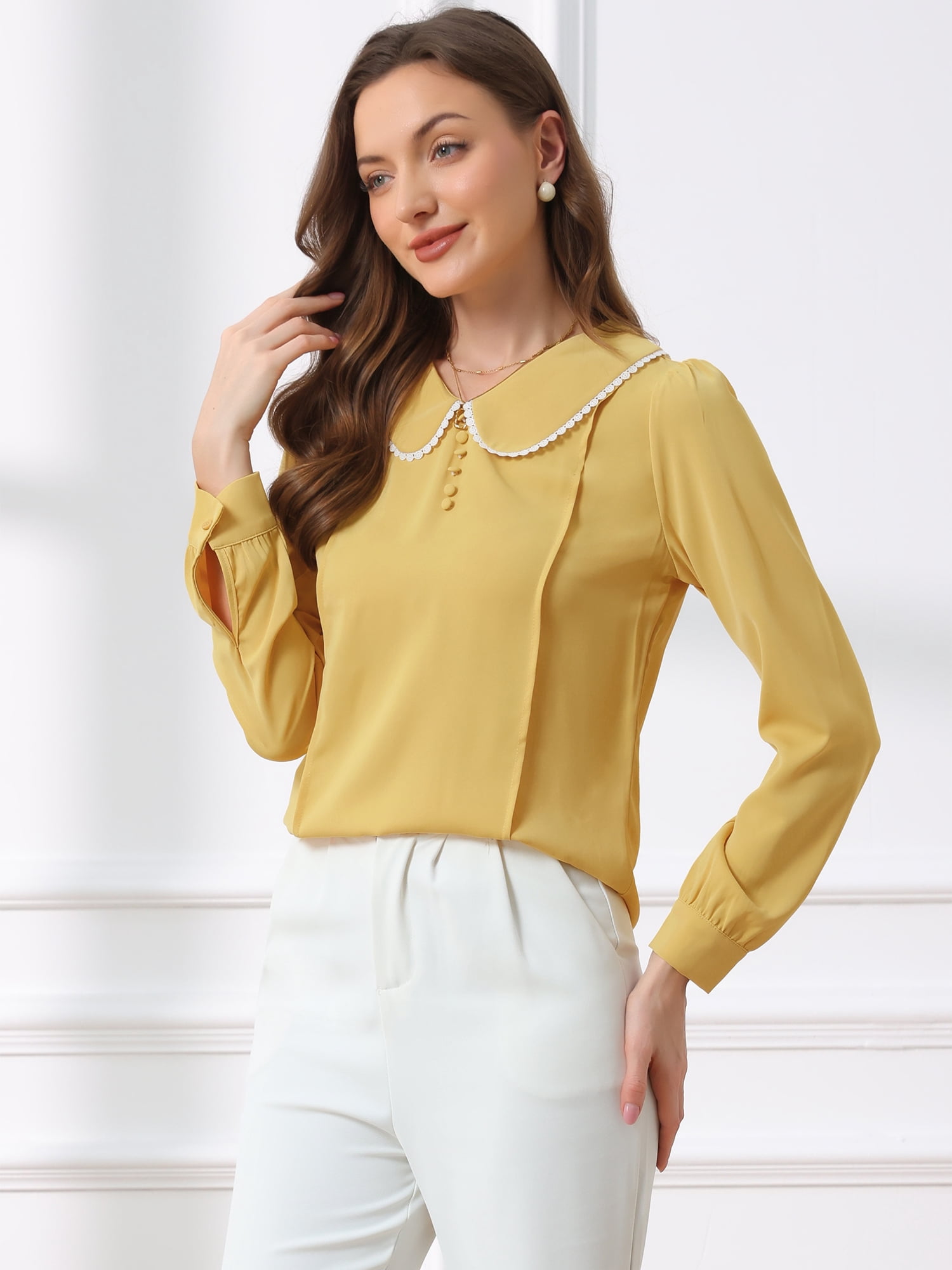 DARING DIVA Women's Peter Pan Collar Button Chiffon Blouse XS Bright Yellow