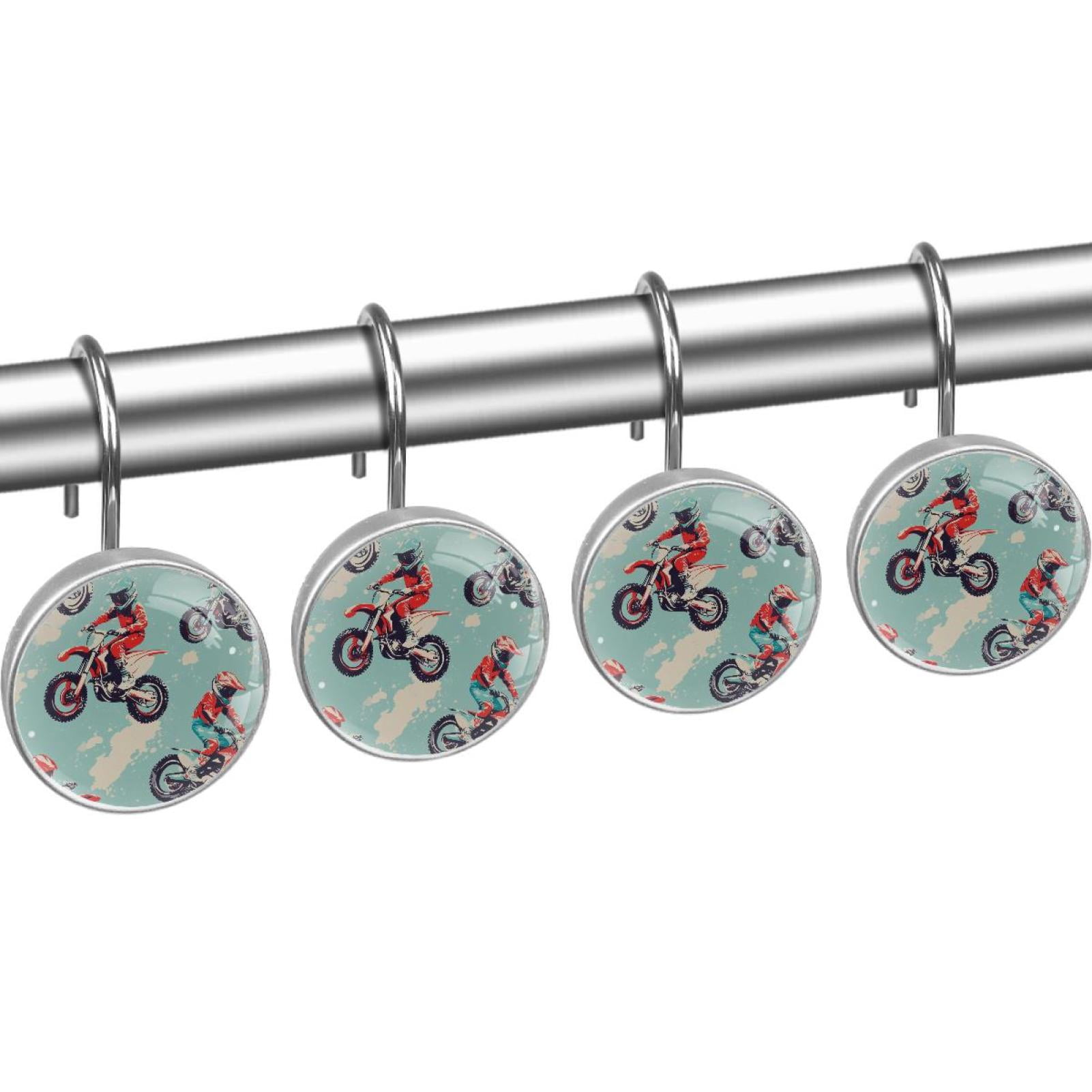 Motorcross Blue Shower Curtain Hooks Round Crystal Glass, Set of 12 Shower Curtain Rings - Shower Hooks for Curtain Shower Rings