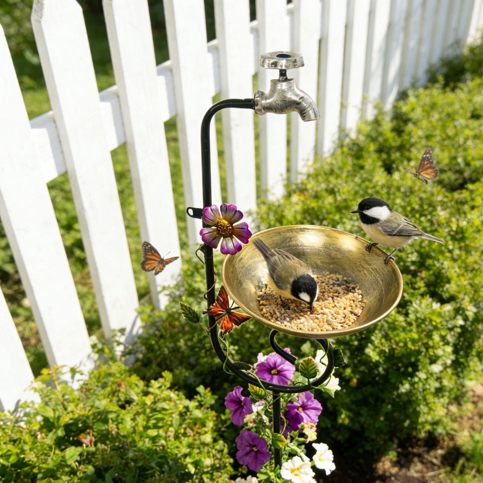 Vintage Wrought Iron Bird Bath and Feeder for Outdoor Garden and Courtyard Decoration