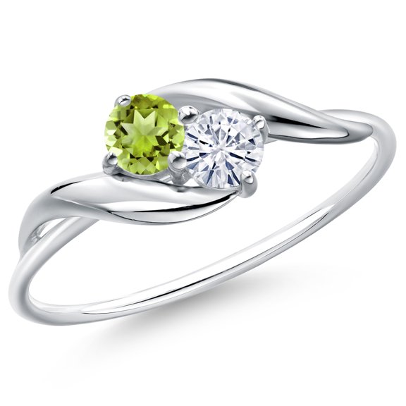 Gem Stone King 10K White Gold Round Green Peridot and White Moissanite Ring for Women (0.37 Cttw, Round 3.5MM, Gemstone August Birthstone, Size 9)