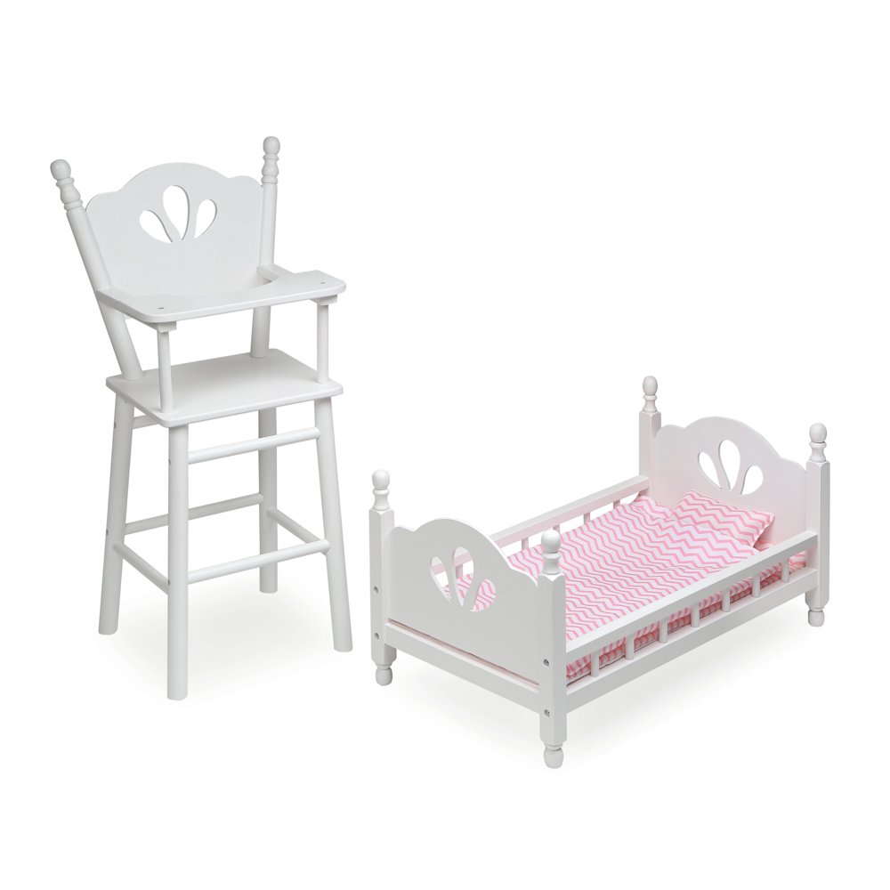 Badger Basket English Country Doll High Chair and Bed Set with Chevron