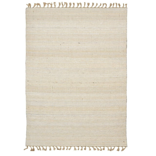 Natural and ivory toned Berber accent rug measuring 3 ft. 6 in. by 5 ft. 6 in., featuring a simple woven texture and fringed tassels on the shorter sides.