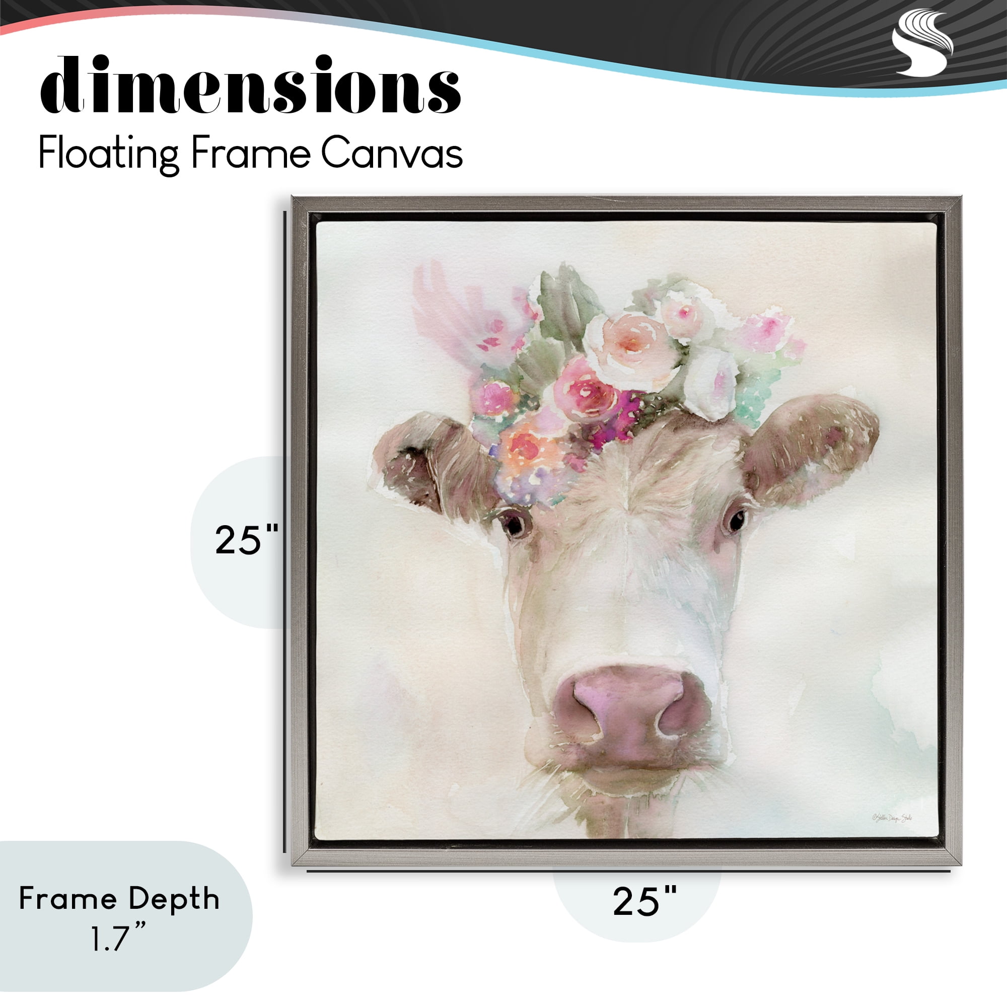 Stupell Industries Betsy Cow with Flowers Gray Framed Floater Canvas Wall Art, design by Stellar Design Studio
