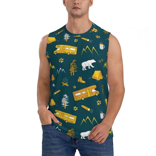 Bingfone Camping Pattern Men's Tank Tops Workout Sleeveless Tee Shirts Running Beach Tanks for Men-X-Large