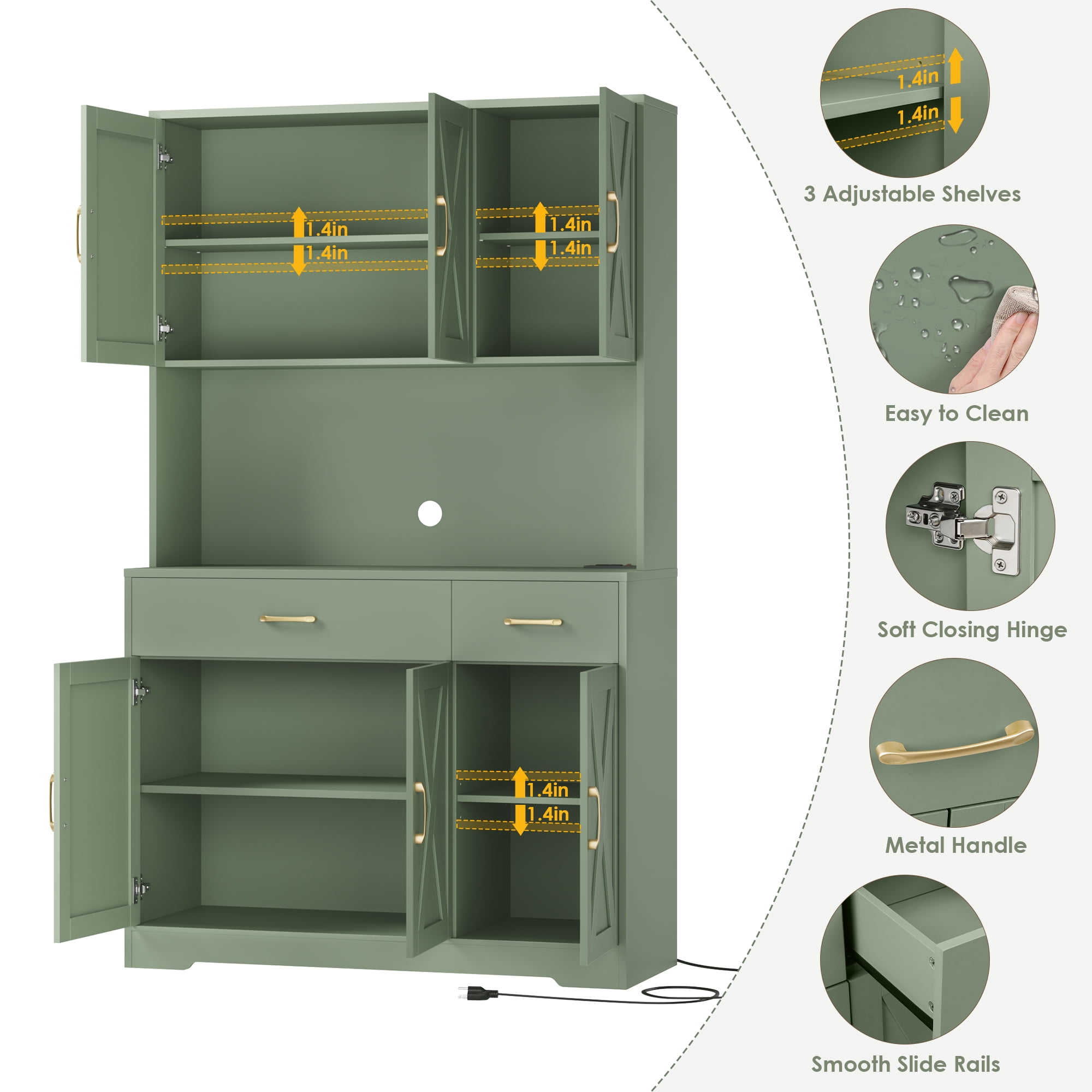Homfa 71" Kitchen Pantry with Charging Station, Freestanding Cupboard with Adjustable Shelves, Floor Cabinet for Dining Room, Green