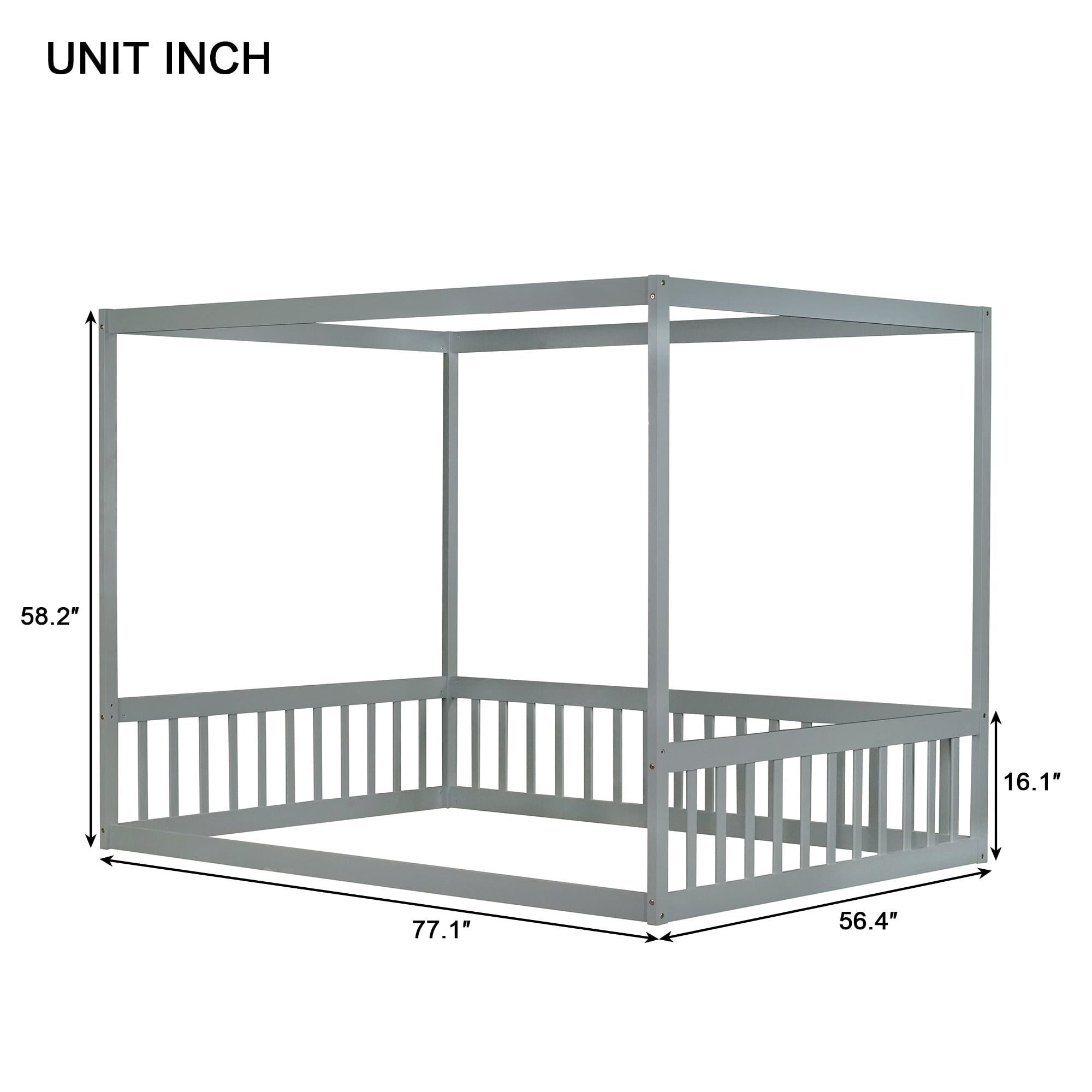 Leumius Full Size Canopy Frame Rubber Wood Floor Bed with Fence,Guardrails for Boys Girls Grey