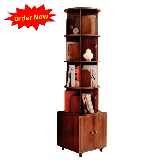 Tcbosik 360 Degree Rotating Bookshelf with Cabinet, 70" Floor Standing Bookcase, Display Storage Rack for Bedroom, Living Room, Walnut Brown