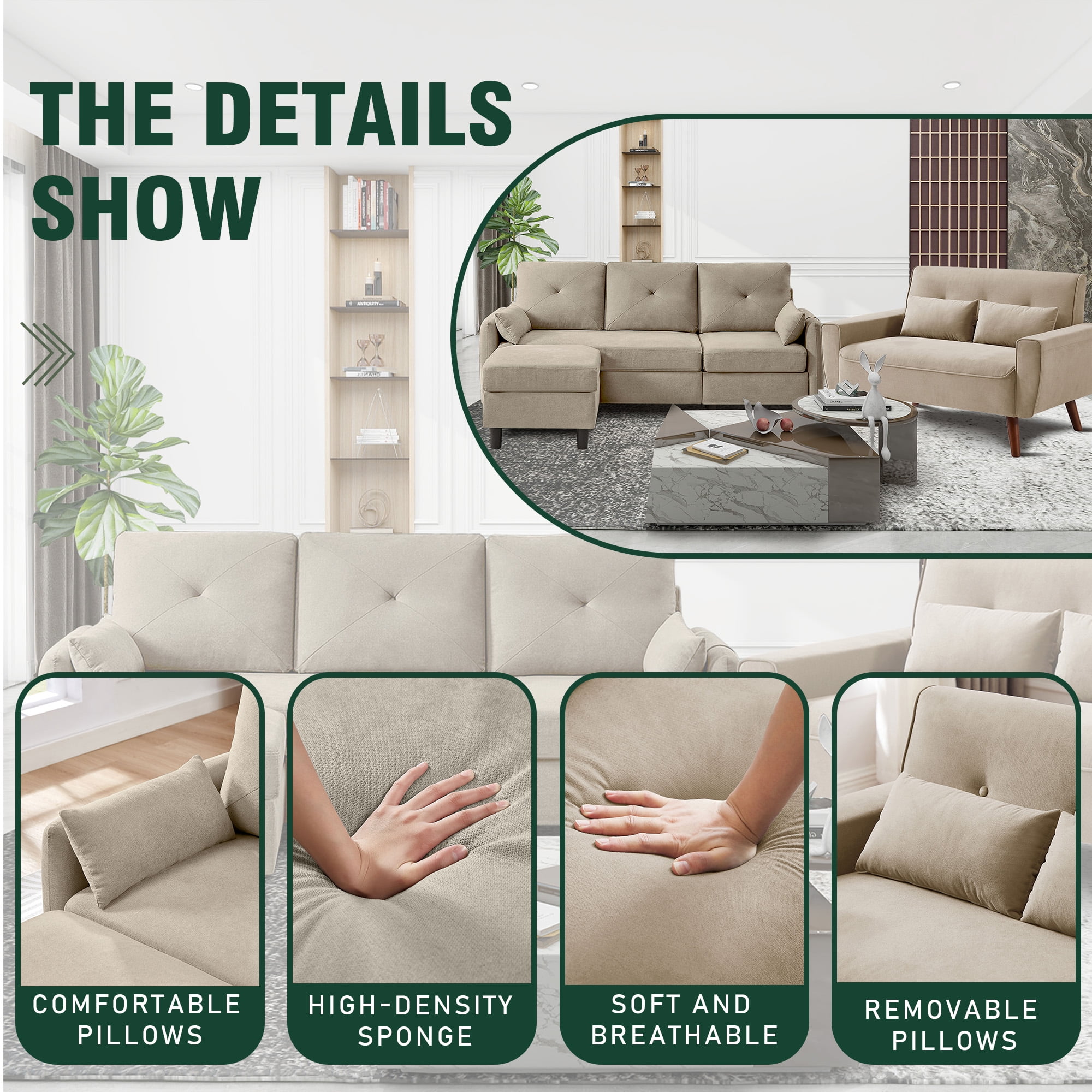 79" Convertible Sectional Sofa Set, Small L Shaped 3-Seat Couch with Reversible Chaise and Accent Chair, Modern Linen Sofas Couches for Living Room, Beige