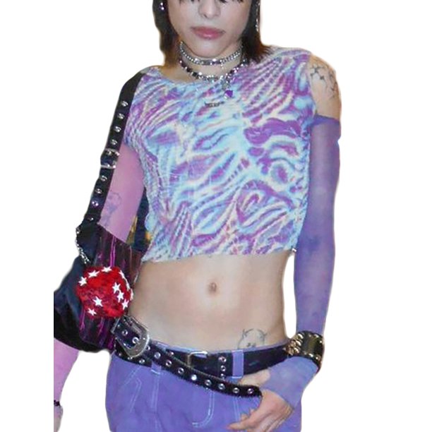 VISgogo - Blusas cortas con hombros descubiertos para mujer, manga larga, cuello redondo, estampado abstracto, camisetas ajustadas VISgogo moda