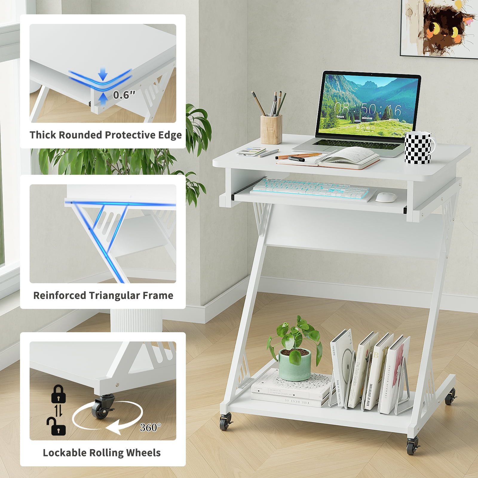 Zenira 2 Tiers Rolling Computer Desk with Keyboard Tray and Printer Shelf for Home Office, Mobile Computer Desk for Small Space, Retro Computer Table Compact PC Laptop Workstation, White