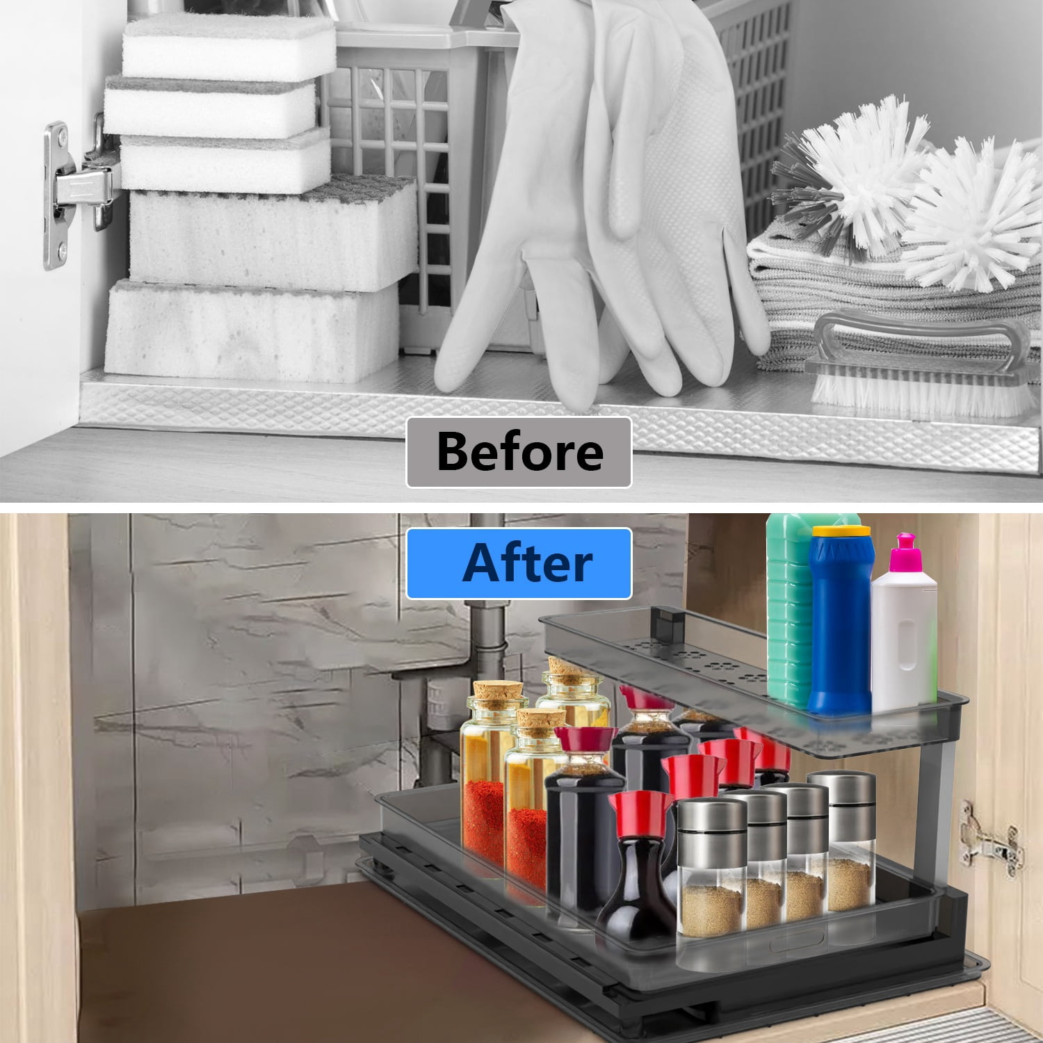 Teqhome 2-Tier Pull Out Under Sink Organizer Rustproof Kitchen Bathroom Cabinet Organizers and Storage with Sliding Drawer for Home Laundry RV Pantry