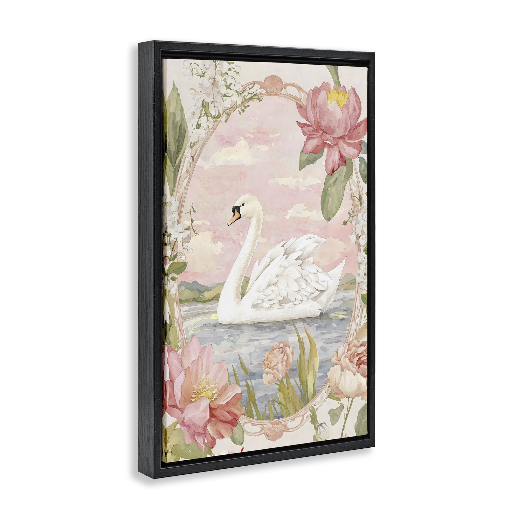 Stupell Industries Floral Border Swan in Bloom Black Framed Floater Canvas Wall Art, design by Creative Studio