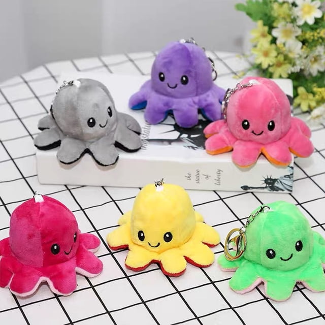 Pendentif en Peluche Pieuvre Réversible, Expression Double Face, Porte-Clés Pieuvre à Retourner, Jouet Poupée