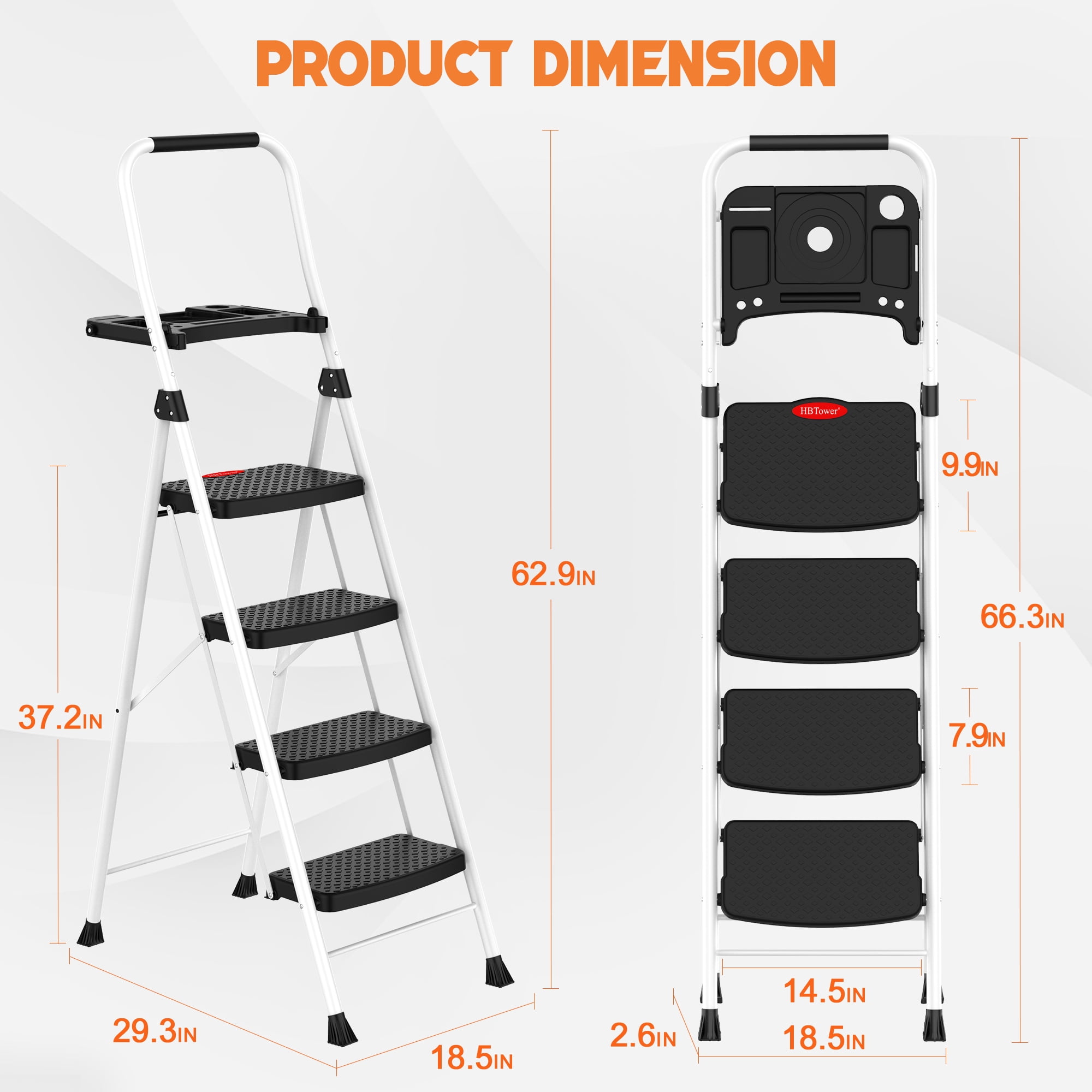 HBTower Folding 4 Step Ladder with Tool Tray, Wide Anti-Slip Pedal and Anti-Slip Feet, 330lbs Capacity, White